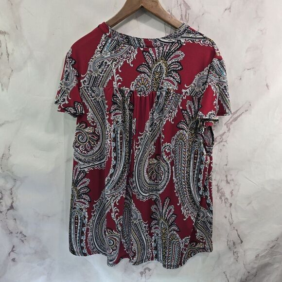 Cocomo Blouse Womens 3X Red Black Popover Button V Short Sleeve Shirt Notch - Picture 5 of 10